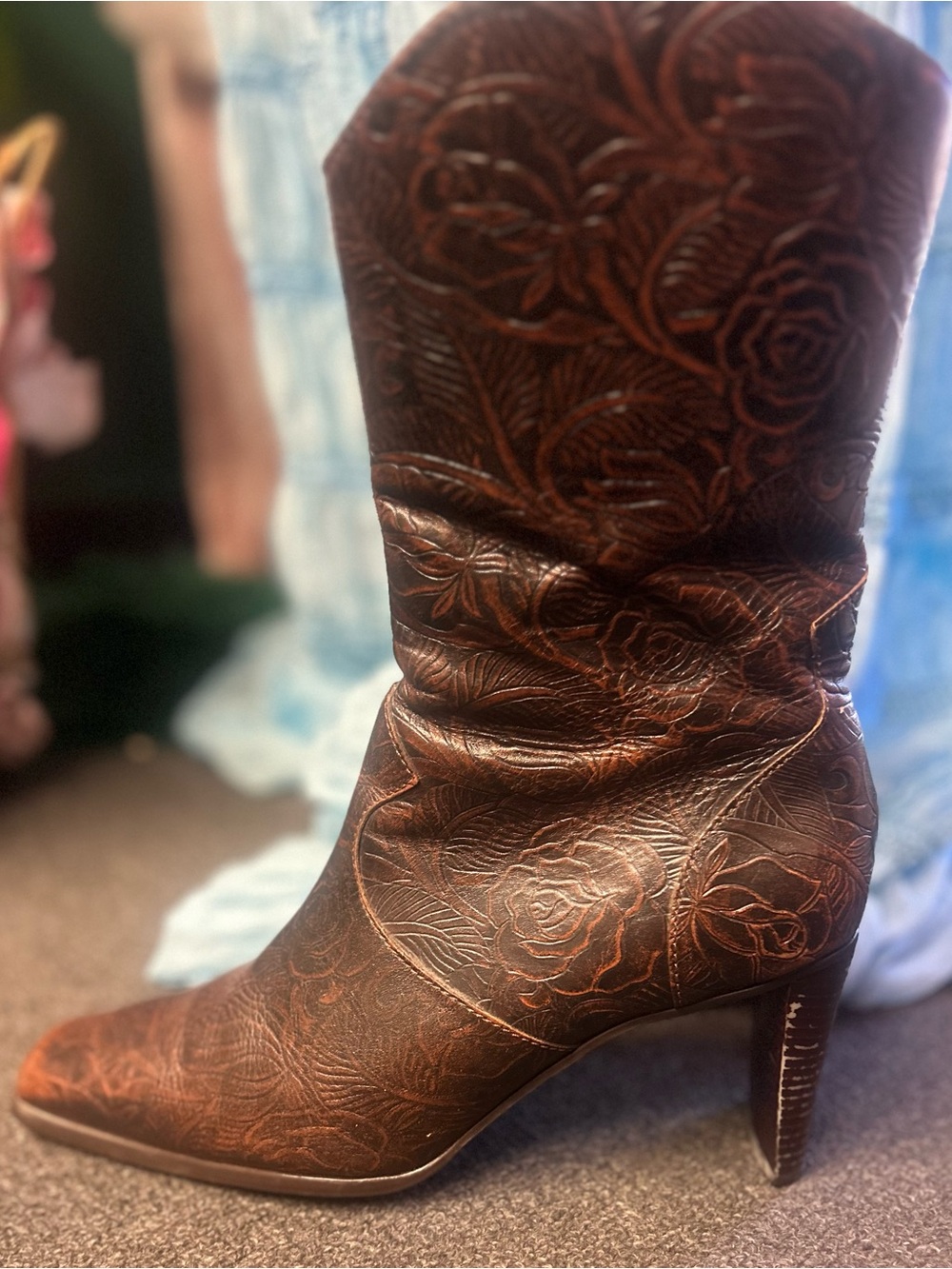Matisse Vibtage Brown Floral Embossed Mid-Calf Heeled Boot